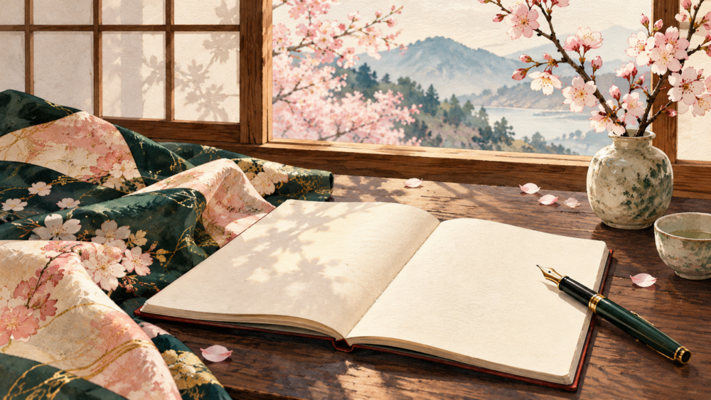 原稿用紙と万年筆、桜柄の着物で作家の創作を表現したイメージ