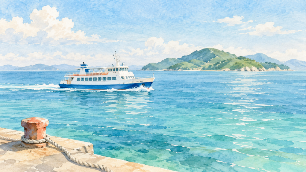 穏やかな海を進む白と青のフェリーと、遠くの島、手前の桟橋を描いた水彩イラスト