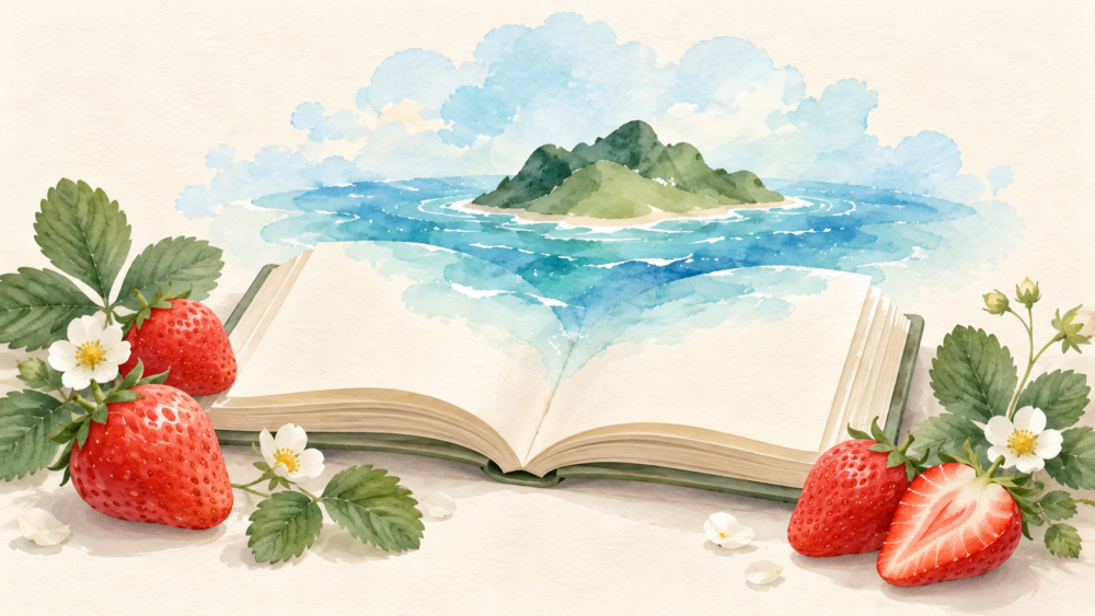 開いた本の上に浮かぶ架空の島と、周囲の苺や白い花を描いた水彩イラスト