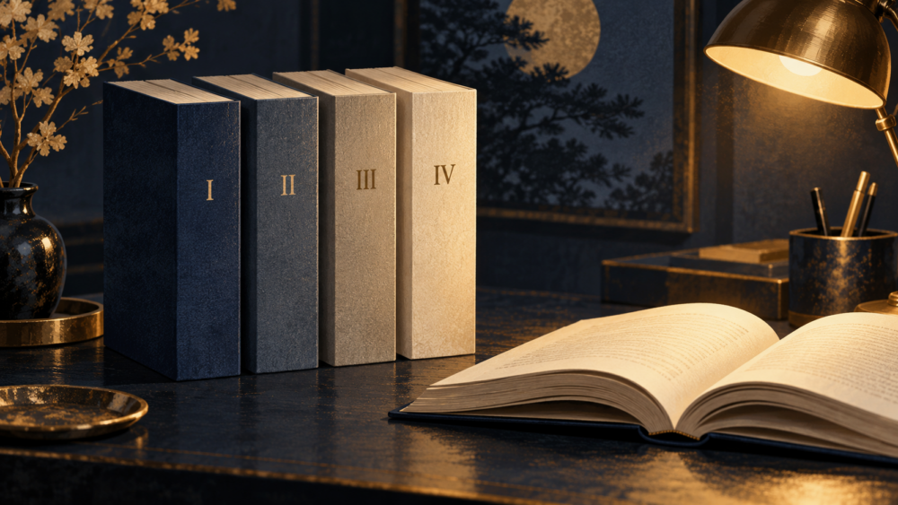 Ⅰ・Ⅱ・Ⅲ・Ⅳの順に並んだ本で読む順番を表現したイメージ